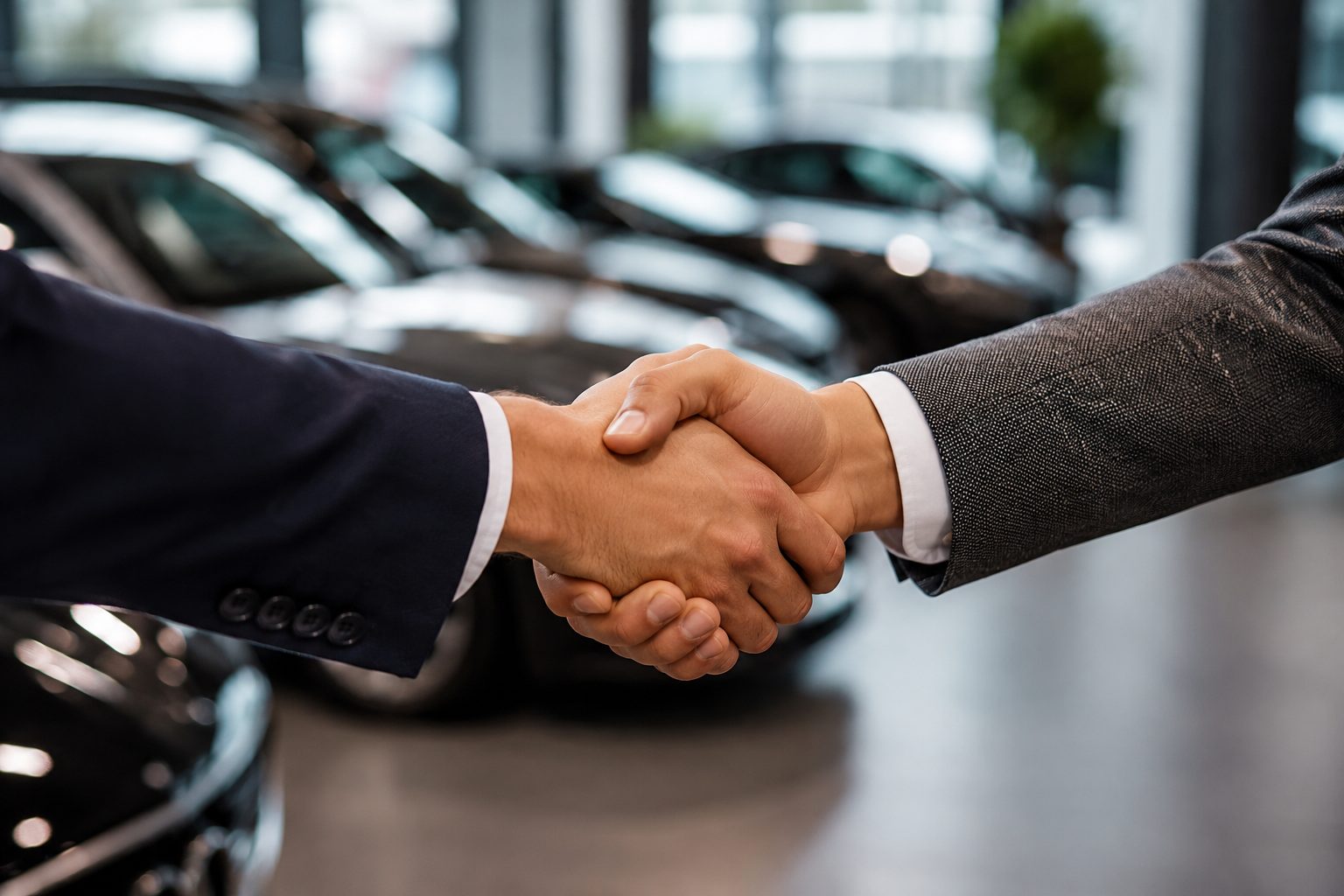 Handdruk tussen twee ondernemers bij een auto in de showroom