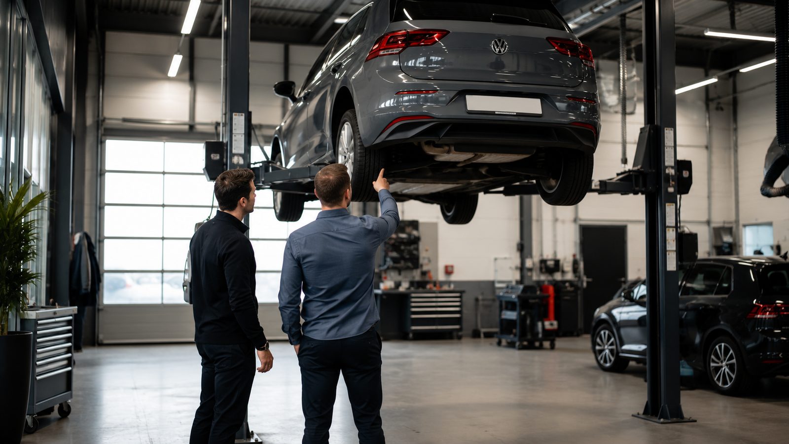 Twee specialisten bekijken samen een auto op de brug in de werkplaats